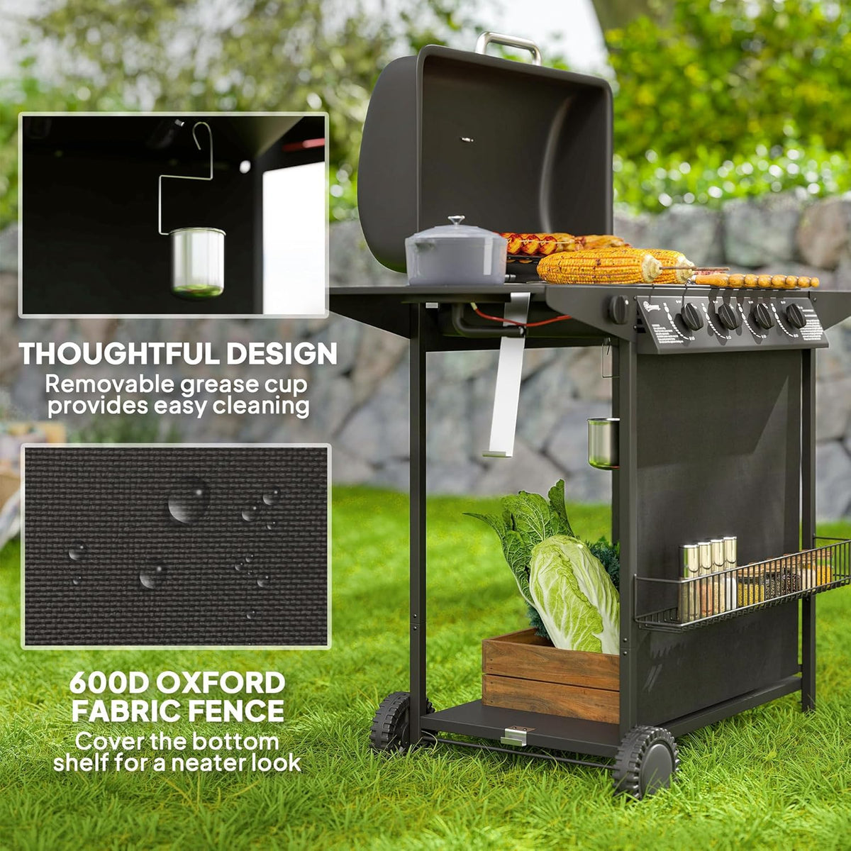 4 1 Burner Propane Gas BBQ Grill, Portable Gas Barbecue Grill with Side Burner, Thermometer, Lid, Side Table, Shelf, Spice Rack, Wheels, Grease Cup for Garden, Black