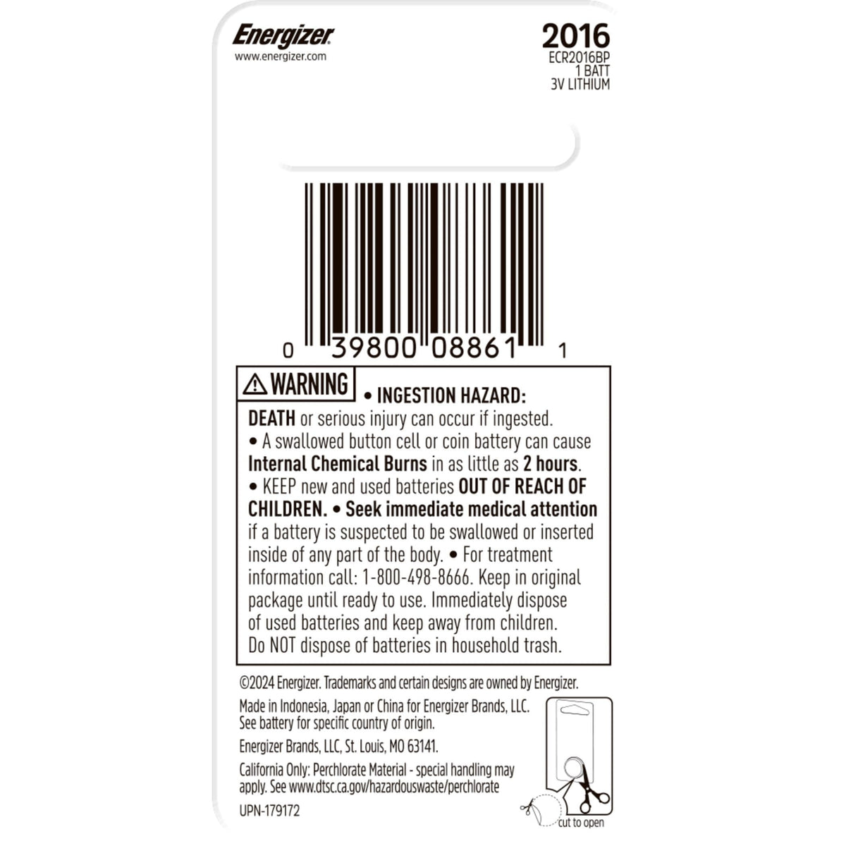 Energizer 3V / 3 Volt Lithium Coin Cell CR2016 Battery for Watches and Electronics, 1-pk
