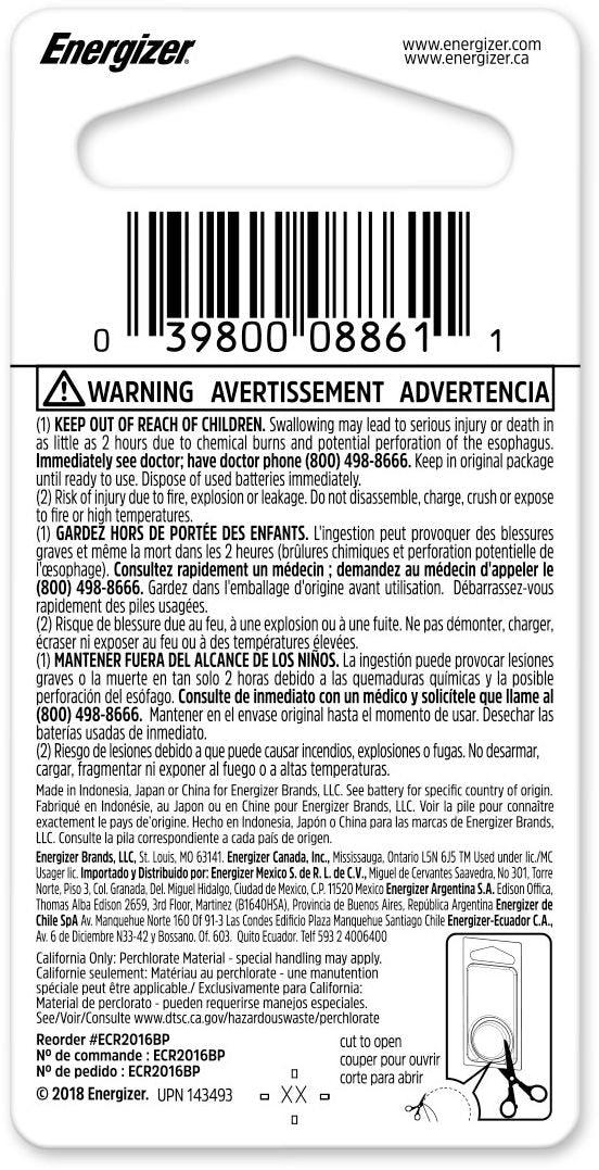Energizer 3V / 3 Volt Lithium Coin Cell CR2016 Battery for Watches and Electronics, 1-pk