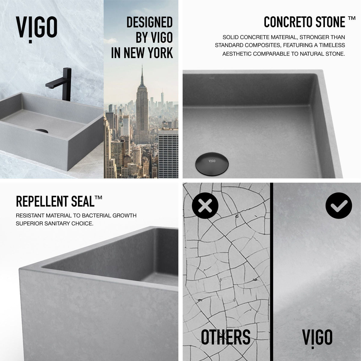VIGO Coca Gothic ConcretoStone 19x15-in Deep Grey Bathroom Sink/Basin with Rectangular Vessel