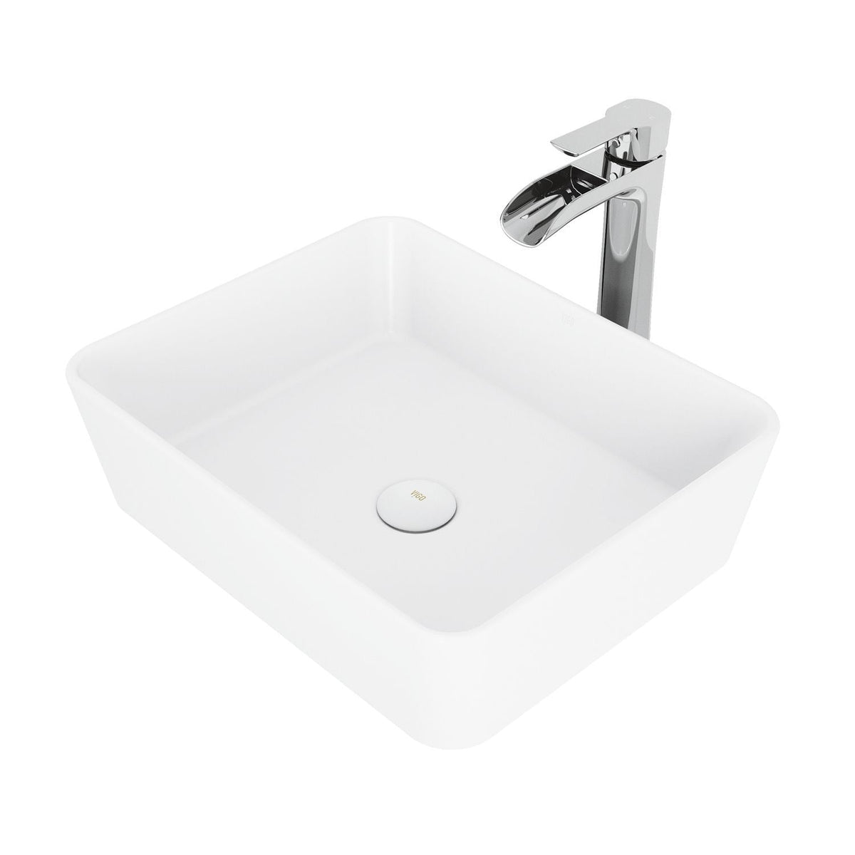 VIGO Marigold MatteStone Matte White Bathroom Sink/Basin Set with Niko Faucet and Rectangular Composite Vessel