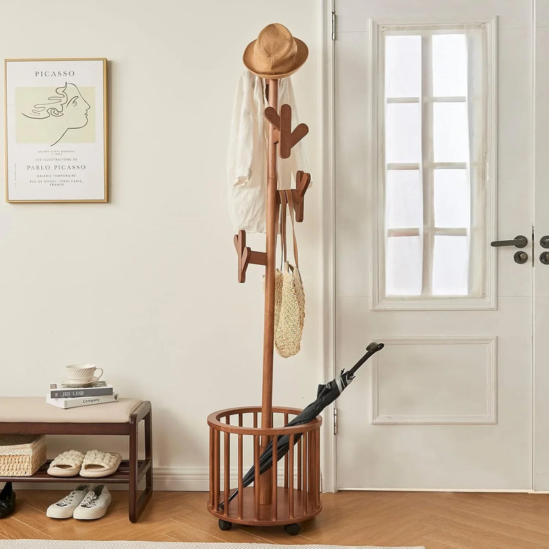 Wood Coat Rack Freestanding - Wooden Coat Tree Hat Rack with 12 Hooks, Clothes Coats Hanger Stand Rolling Racks with Umbrella Holder Wheels for Bedroom Entryway Hallway Livingroom (Walnut) L4