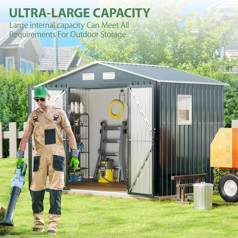 8x6FT Outdoor Steel Storage Shed with Clear Window, Lockable Doors, Weather-Resistant Metal Tool Shed for Garden, Backyard, Patio, and Utility Storage A0