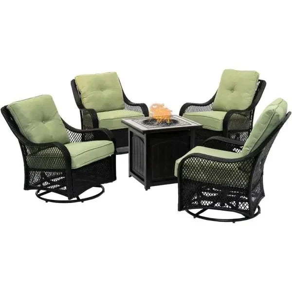 5-Piece Steel Patio Fire Pit Conversation Set with Navy Blue Cushions, Swivel Gliders and Square Fire Pit Table N1