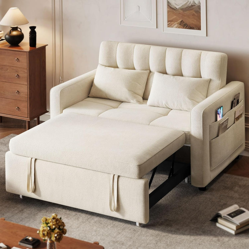 3-in-1 Convertible Sofa Bed, 55" Sleeper Sofa with Pull-Out Bed, Cat-Scratch-Proof Fabric Futon Couch with Adjustable Backrest and Side Pocket, Loveseat for Living Room Apartment, Grey J8
