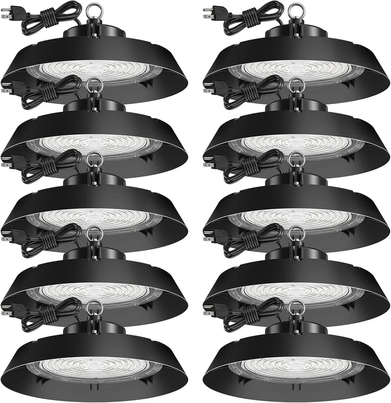 200-watt, 10 sets of UFO lamps, LED ceiling lights, 28,000 lumens, 5000K LED ceiling lights, 5-foot cable, can replace 650-watt metal halide/hot mercury lamps, suitable for gyms, factories, barns and storage areas. B8