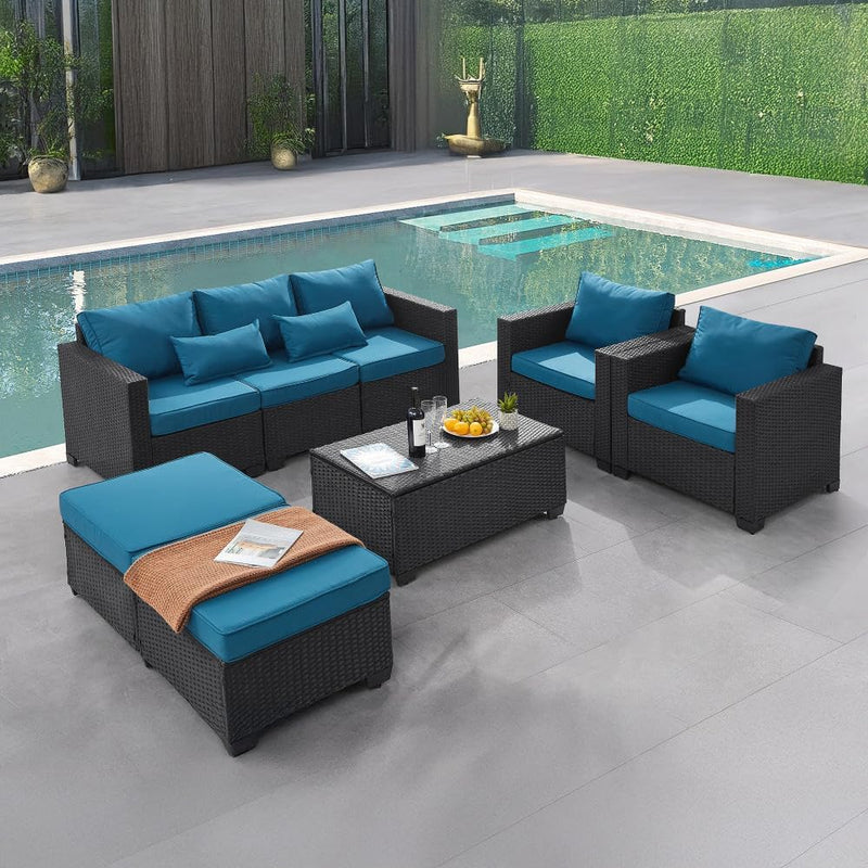 6 Pieces Outdoor Patio Furniture Sets with Furniture Cover, PE Rattan Wicker Patio Conversation Set with Tea Table (Peacock Blue, Rattan Storage Table) K1