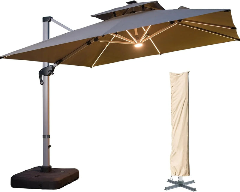A 10-foot by 10-foot square cantilevered sunshade, equipped with a cross base and canopy, is included - a large heavy-duty outdoor sunshade, 360° rotating offset type, suitable for use in courtyards, backyard of swimming pools, terraces or gardens, i R0