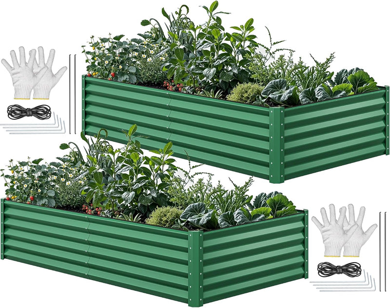 8x4x2ft 2pcs Large Raised Garden Bed Kit, Galvanized Metal Planter Box with Gloves, Ground Nails & Safety Rubber, Outdoor Above Ground Planters for Plants Vegetables Flowers, Green H8