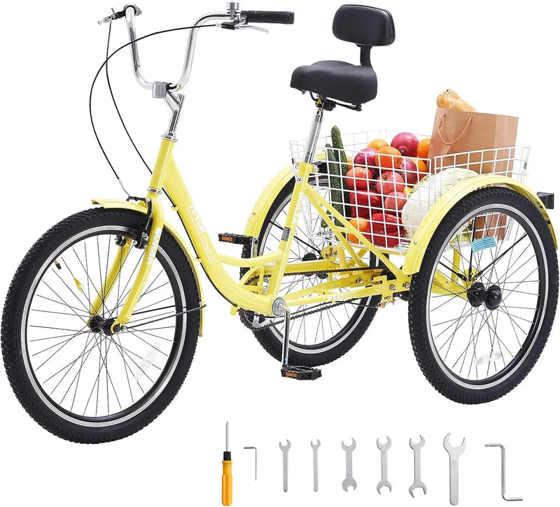 Adult tricycles, 20-inch tricycles, tricycle motorcycles, carbon steel leisure bicycles with baskets and adjustable seats, suitable for elderly, female and male picnic and shopping tricycles (yellow) A9