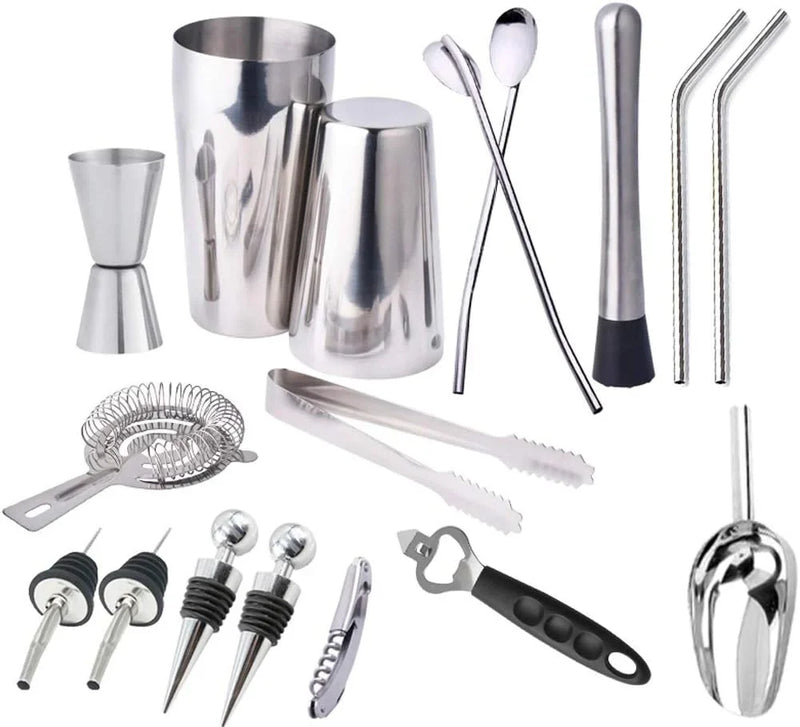 17pc Stainless Steel Cocktail Shaker Set Ice Strainer Clip Mixing Spoon Measure Cup Bar Tools Cocktail Set Can Opener Ice Shovel P2