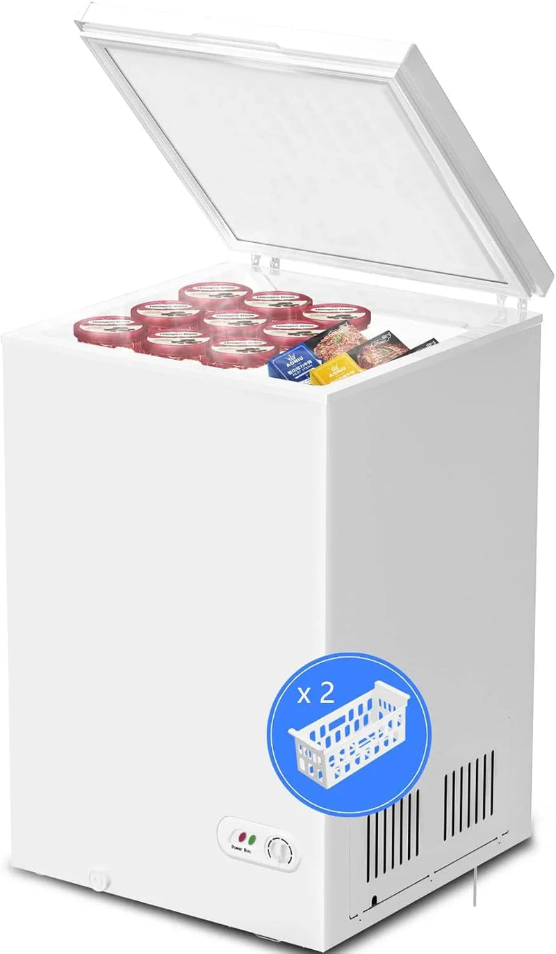3.5 Cubic Feet Chest Freezer with 2 Removable Baskets Free Standing Top Open Door Compact Freezer with Adjustable Temperature for Home/Kitchen/Office/Bar (3.5 Cubic Feet, White) W9