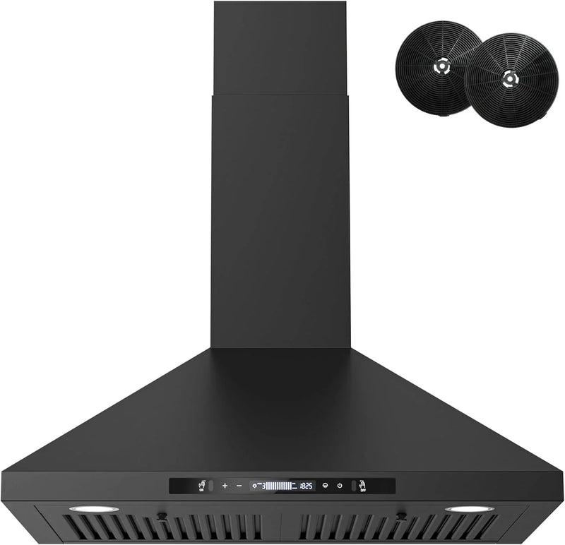 Wall-mounted black kitchen exhaust hood, 30 inches, 900 cubic feet per minute, built-in exhaust duct, three-speed exhaust fan, gesture/touch control, timer function, two baffles filters, stainless steel stove exhaust hood R3