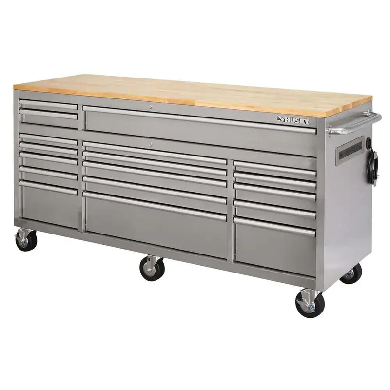 72 in. 18-Drawer 24 in. D Mobile Workbench with Solid Wood Top Stainless Steel I3