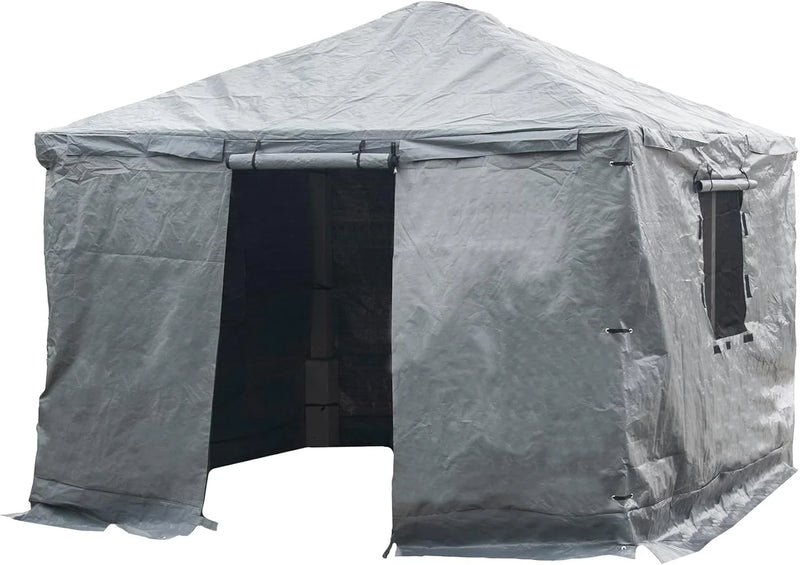 Universal winter tarpaulin, suitable for tall sunshades, used for storing barbecue grills and outdoor furniture, with fireproof and weather-resistant properties, measuring 10 feet by 12 feet, and in gray color. F2