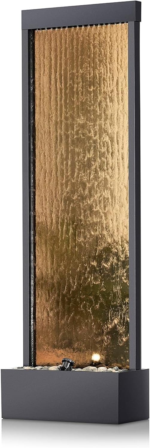 A mirror-floored waterfall fountain with stones and lights - suitable for offices, living rooms, terraces, entrances as a serene indoor/outdoor decoration - 48 inches (bronze color) Y8