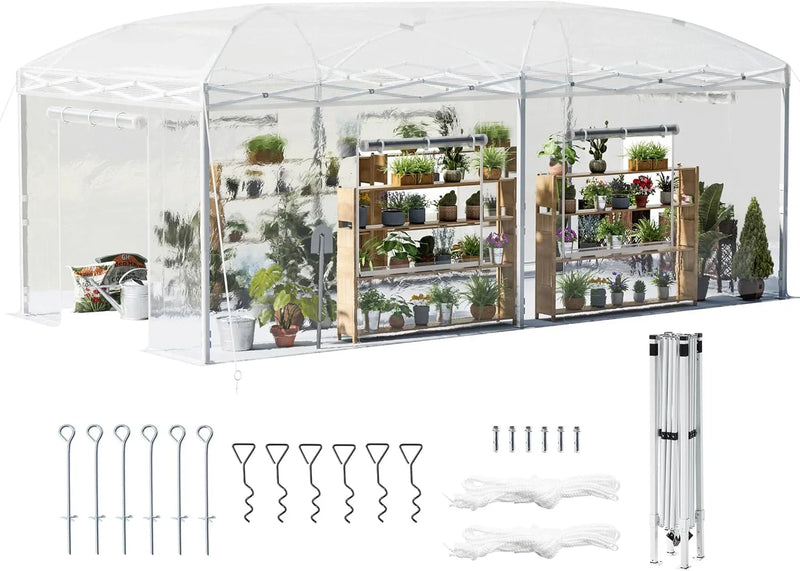 19.2×9.7×8.5 feet Outdoor upgraded retractable greenhouse with adjustable reinforced frame, portable walk-through greenhouse, equipped with 2 rollable zipped doors and mesh windows, PE shell, white F9