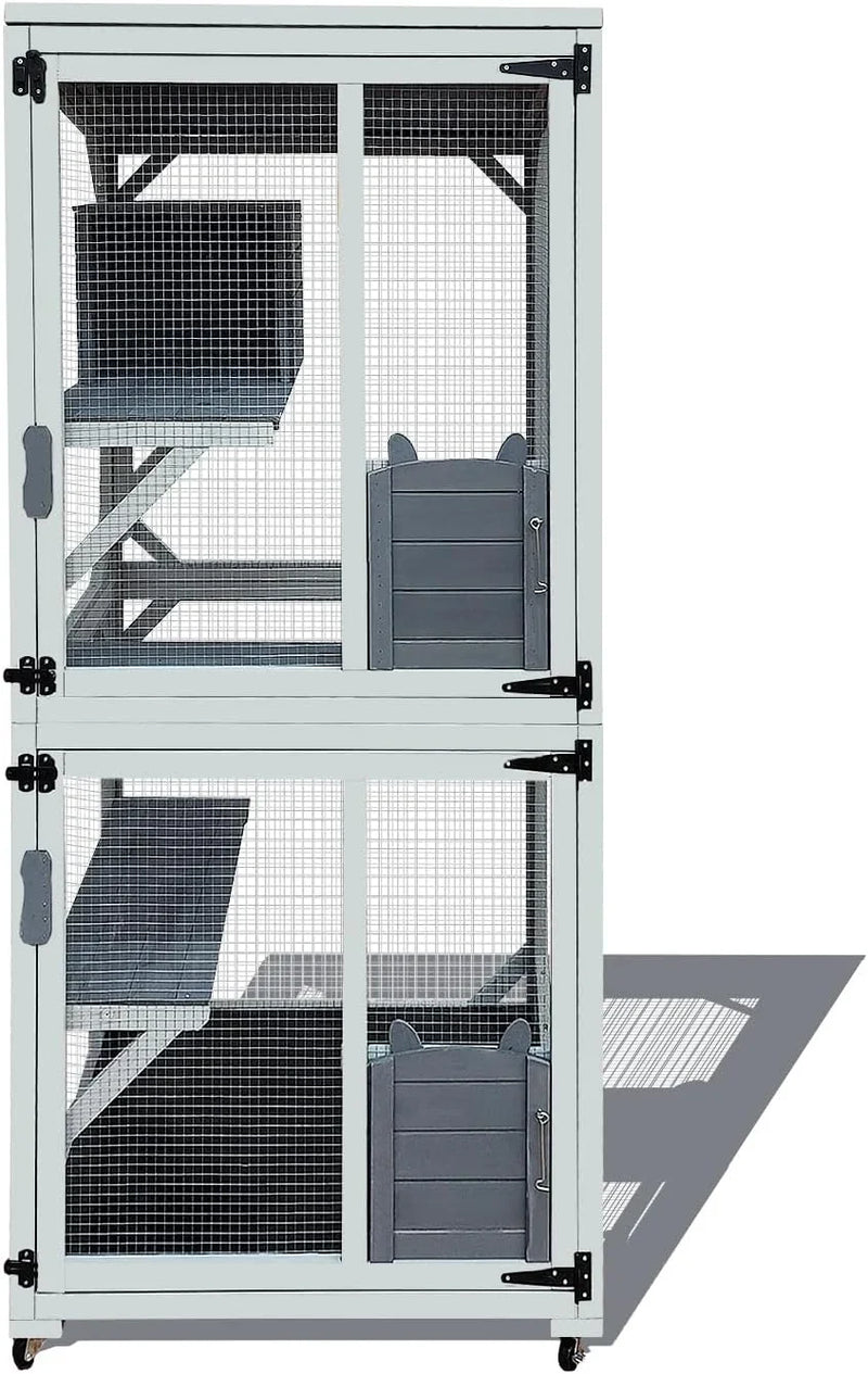 62.6-inch wooden outdoor cat house, large cat cage room, equipped with 7 platforms, 2 rest boxes and a rainproof roof, suitable for multiple pets to use. Step-in cat apartment shelter, white model G3