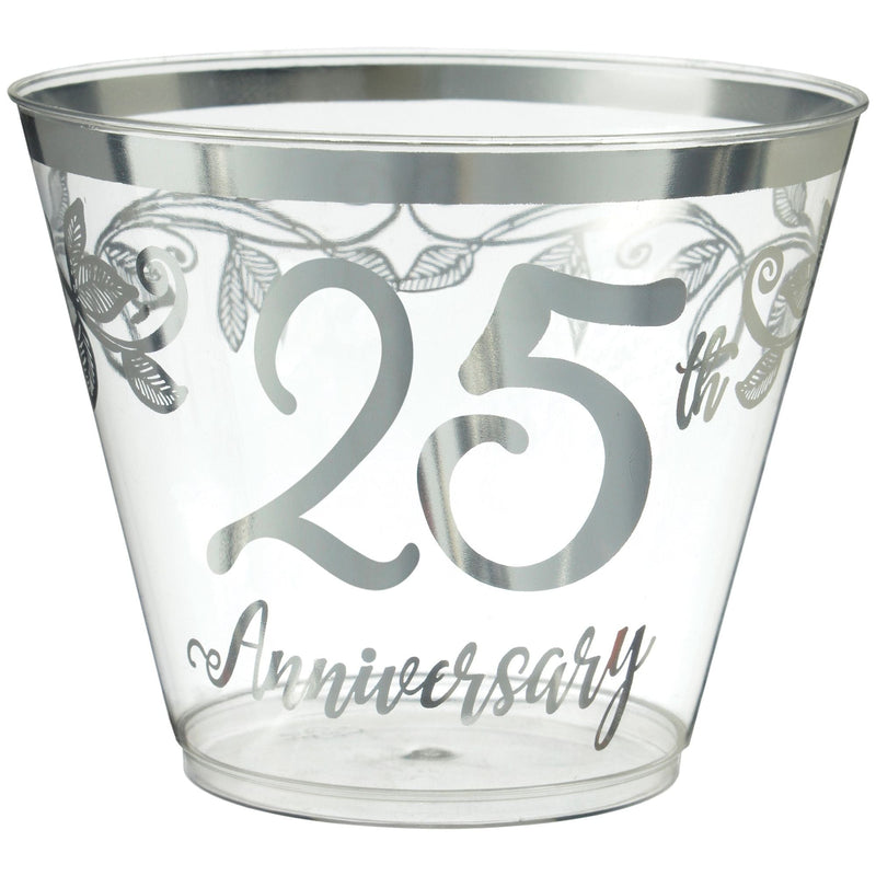 "25th Anniversary" Bordered Trimmed Plastic Reusable Tumbler Cups, Clear/Silver, 9-oz, 30-pk, for Anniversary Party G6