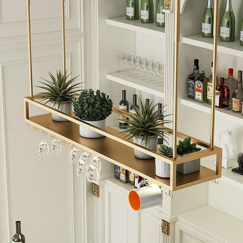 Wall Mounted Wine Rack for Bars & Restaurants Gold Metal Hanging Storage for Wine Bottles & Stem Glasses Perfect for Dining Room & Kitchen Decor Space Saving Design G6