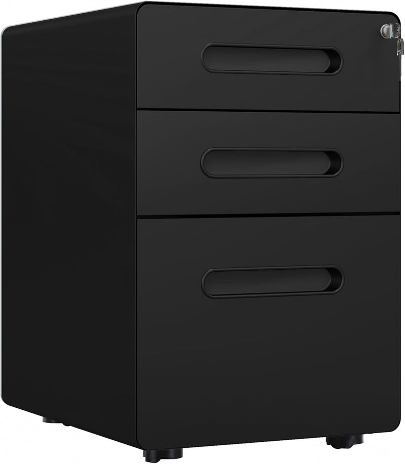 3 Drawer Vertical Filing Cabinet with Lock and Wheels, Under Desk Mobile File Cabinet for Legal, A4, Letter Size, Steel Frame for Home Office, Black F5