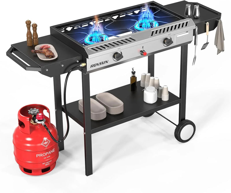 2 Burner Outdoor Propane Gas Stove with Griddle, Auto-ignition, Regulator & Side Shelves, 150,000 BTU Powerful Stand Cooker for Backyard Cooking Home Brewing Canning Frying Grilling J8