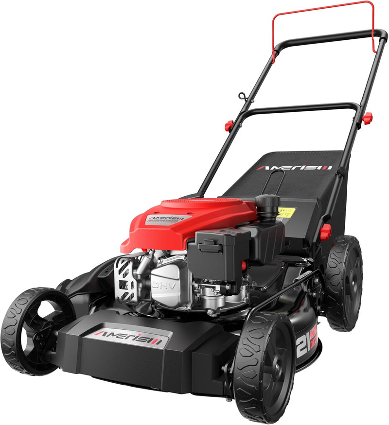 21" Steel Deck Gas Lawn Mower, 3-in-1 Push Mower, 144cc 4-Stroke OHV Engine, 6 Height Adjustment, 1.4 Bushel Grass Catcher with Bagging, Mulching & Side Discharge Efficient for Yard Garden J9