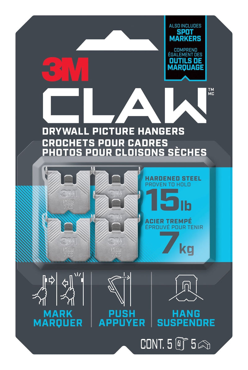 3M Claw DrywAll Picture Hanger, 15-lb Capacity, 5 Hangers per Pack U7