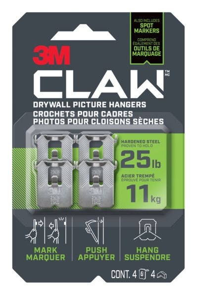 3M Claw DrywAll Picture Hanger, 25-lb Capacity, 4 Hangers per Pack O0