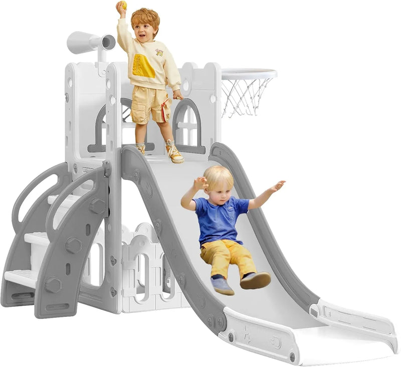 6 in 1 Toddler Slide for Toddler Age 1-3,Kids Climber Slider for Indoor Outdoor Playground with Basketball Hoop,Storage and Telescope,L Shaped Slide for Toddler Climber Playset W7