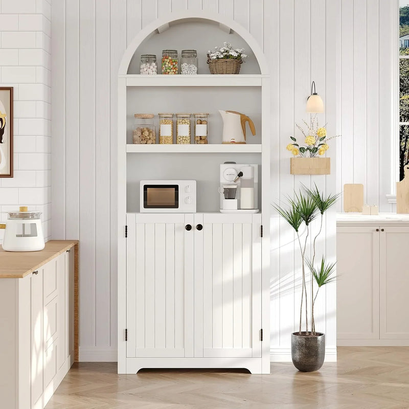 72'' Tall Farmhouse Bookcase, 5 Tier Arched Bookshelf with Double Doors & Adjustable Shelf, Display Storage Shelves, for Bedroom, Living Room, Home Office P8
