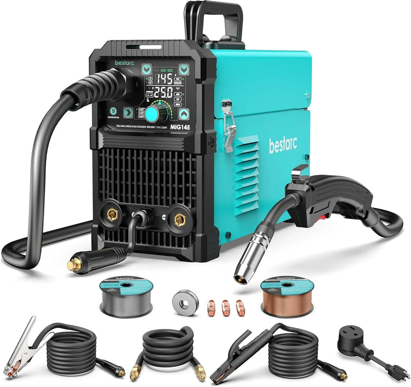 145A MIG Welder, 110V/220V Dual Voltage Gas/Gasless Flux Core MIG Welder/Lift TIG/Stick 3 in 1 Synergic MIG145 9GEN Welding Machine, Flux/Solid Welder Digital Screen Display X0