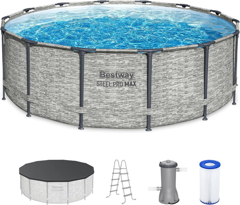 Above Ground Swimming Pool w/ Pump, Cover, & Ladder, 14' x 48", Steel Pro MAX, Gray - Backyard Outdoor Round Pool w/ Filter, 42-Inch Deep Water W9