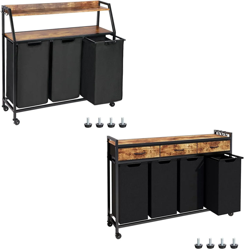 Two Laundry Hamper, Rolling Laundry Sorter with Wheels, 4 × 14.5 Gal (55 L), Pull-Out and Removable Laundry Bags, for Laundry Room, Rustic Brown R5