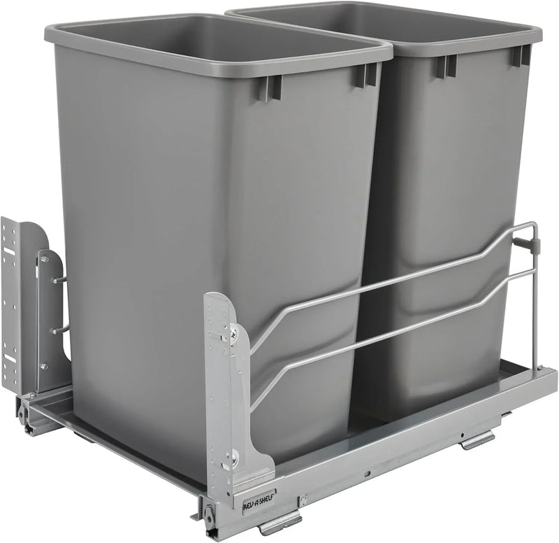 A double pull-out trash can suitable for the bottom of kitchen cabinets, with a capacity of 35 ounces (approximately 0.875 gallons), equipped with a gentle closing sliding mechanism, and in the color of Orison Gray. L9
