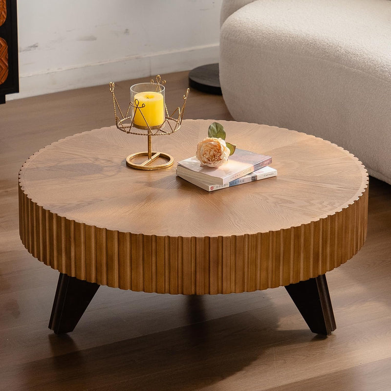 35" Contemporary Round Coffee Table, Coffee Tables Blending Traditional Decor, Solid Wood Center Table for Living Room, Natural A3