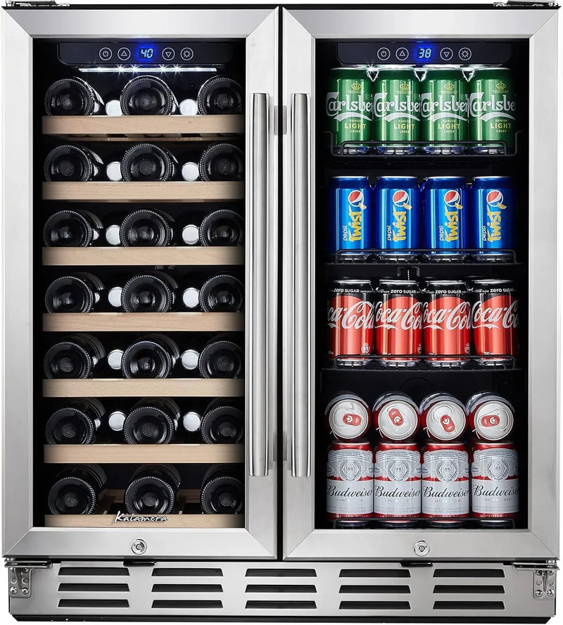 24 inch Wine Cooler, 46 Bottle - Dual Zone Built-in or Freestanding Fridge with Stainless Steel Reversible Glass Door, for Home, Kitchen, or Office. Z1