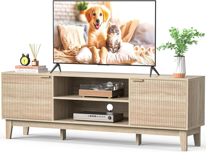 70" TV Stand for Living Room, Fluted Mid-Century Modern TV Console for TVs up to 80 inch, Farmhouse Entertainment Center with 2 Storage, Media Console Table for Living Room, Oak Y8