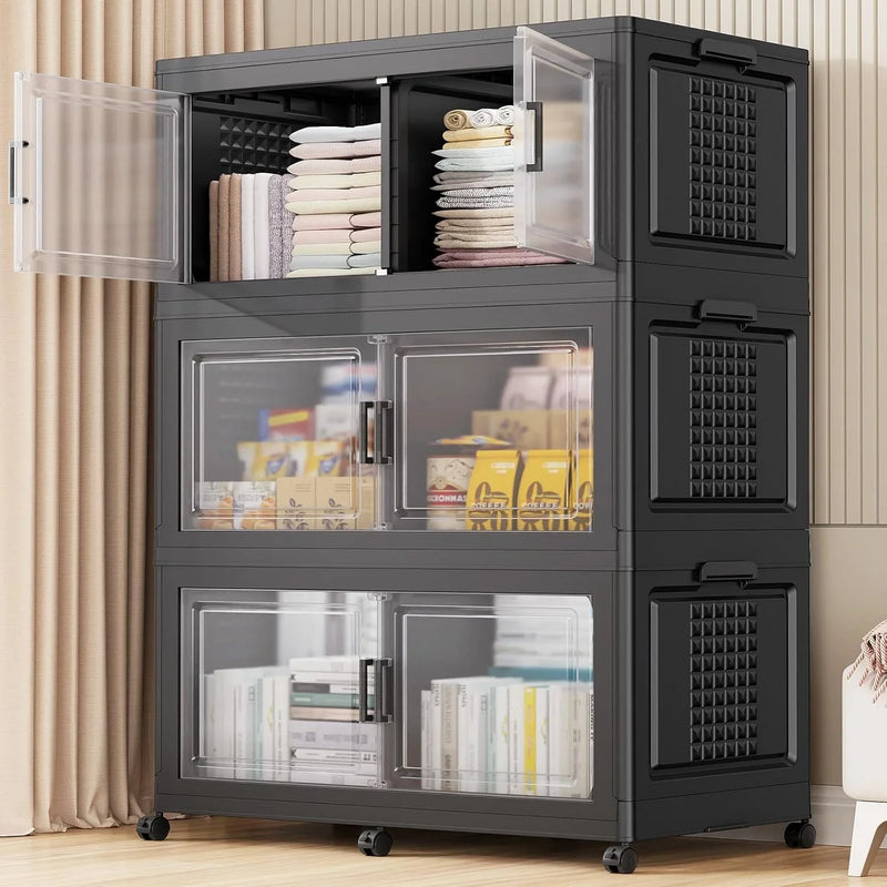 200Gal Extra Large Plastic Storage Bins with Lid & Wheels, Stackable Collapsible Bins with Dividers, Cube Closet Organizers and Storage Cabinet Shelves Box Roomy for Home Kitchen,4Pack White P6