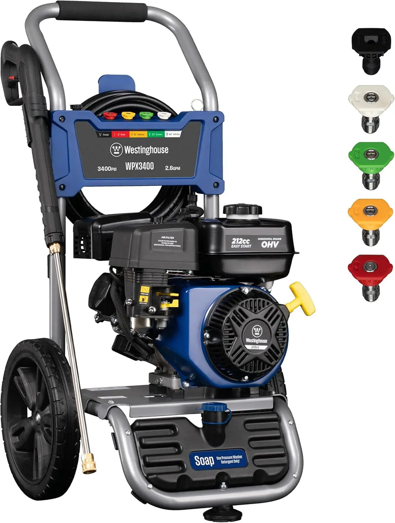 WPX3400 Gas Pressure Washer, 3400 PSI and 2.6 Max GPM, Onboard Soap Tank, Spray Gun and Wand, 5 Nozzle Set, for Cars/Fences/Driveways/Homes/Patios/Furniture X4