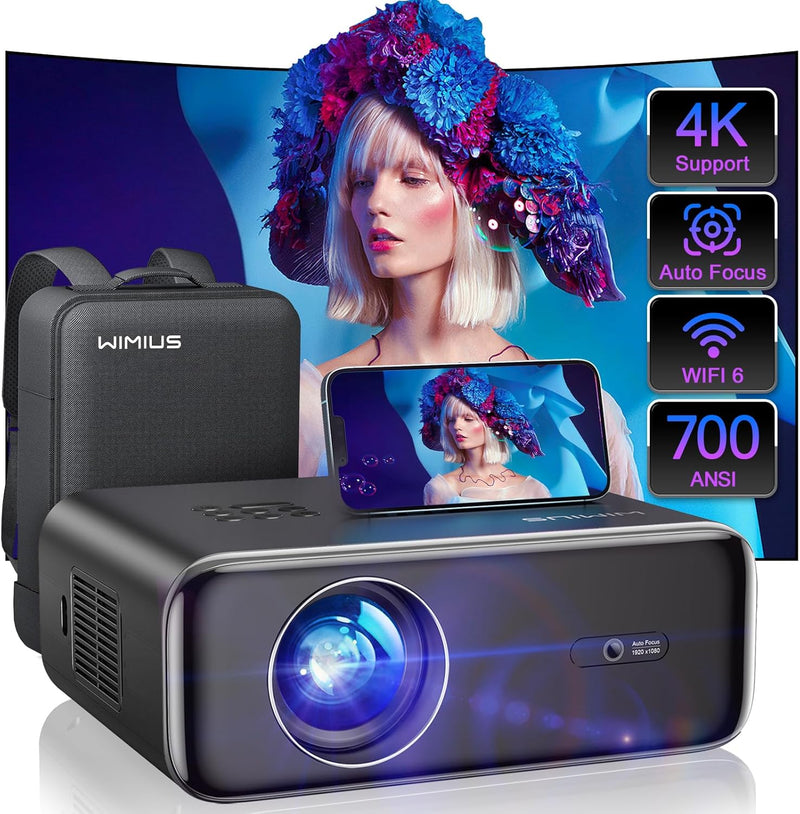 [Auto Focus/4K Support] Projector with WiFi 6 and Bluetooth 5.2, 700ANSI Native 1080P Outdoor Movie Projector, WiMiUS P62 Auto 6D Keystone & 50% Zoom, Smart Home Projector for iOS/Android/TV Stick C2