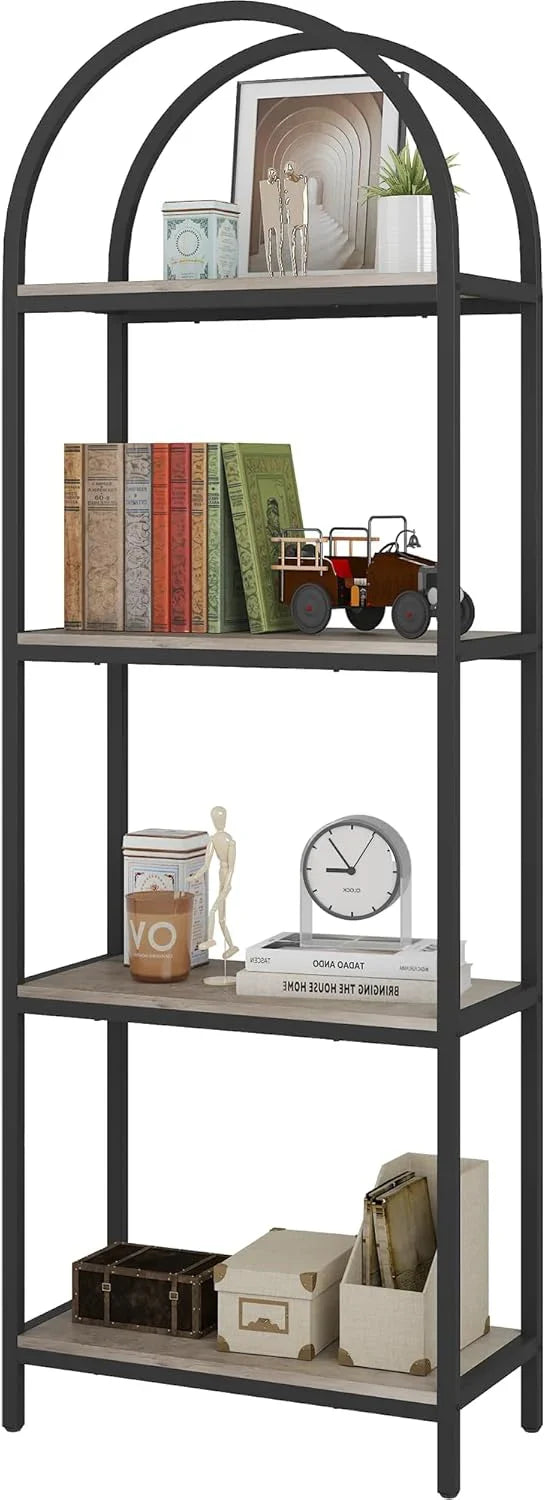 Yusong Bookshelf Rattan Arched Bookcase, 74" Tall Industrial Open Book Shelves for Living Room, Modern Freestanding Boho 5 Tier Display Storage Rack with Metal Frame, Office, Bedroom, Burlywood K0
