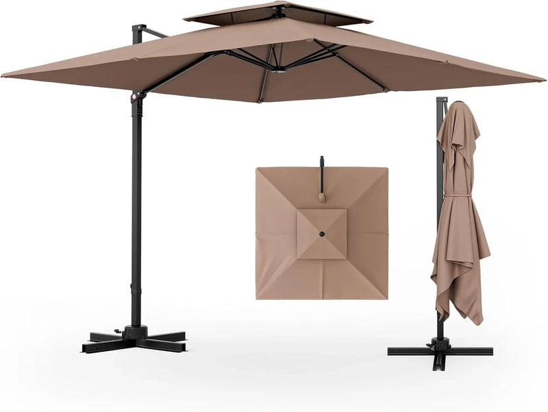 9.5-foot cantilevered patio umbrella, outdoor square offset umbrella, 360° rotatable, double-structured heavy-duty patio hanging umbrella, with cross base, suitable for gardens, patios, swimming pools and backyards. O9