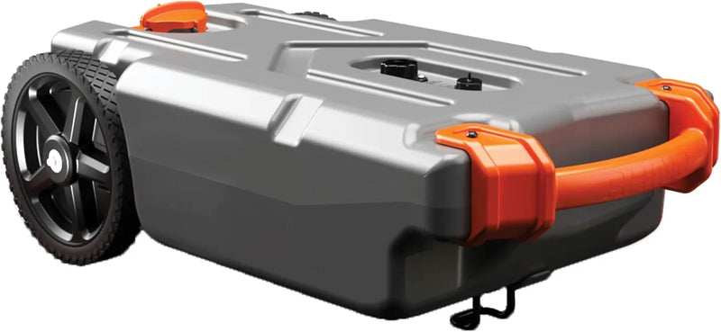 28-gallon portable camping vehicle/rv travel tank | Equipped with 2 controllable non-flat-front wheels and built-in valve | Includes detachable 24-inch tow bar, 3-foot sewage hose and other RV accessories Z5