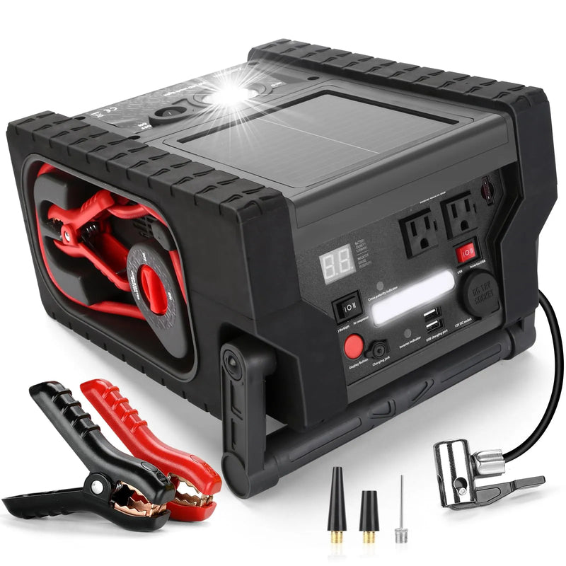ZD-529 Solar Portable Power Station 2000 Amps Jump Starter, 260 PSI Air Compressor, 12V Car Battery Charger with 400W Inverter Dual AC/DC/USB Output, Emergency Backup Power with Flashlights Z7