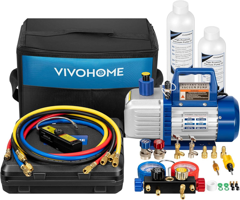110V 1/4 HP 3.5CFM Single Stage Rotary Vane Air Vacuum Pump and AC Manifold Gauge Set Kit with Thermometer for R134a R12 R22 R502 R410a HVAC Air Conditioning Refrigeration Recharging Red I7