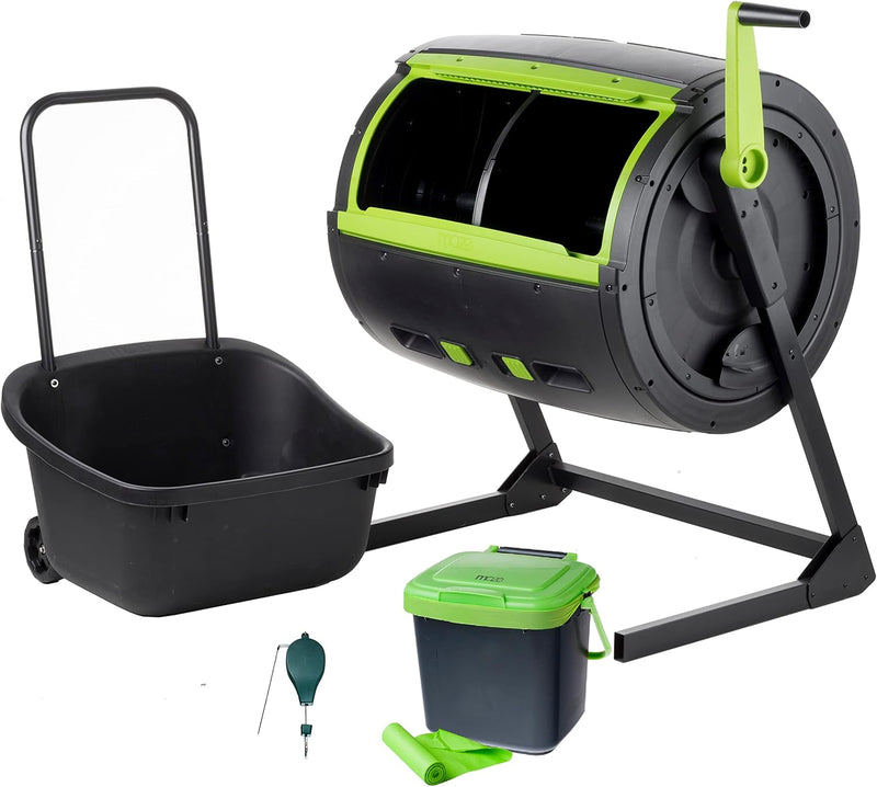 Two 65-gallon two-stage composting drums, equipped with large double doors and an open frame, are also provided along with a maze-style compost cart, a 1.85-gallon kitchen trolley-style compost bin, three rolls of corn bags, and a retractable plant t P5