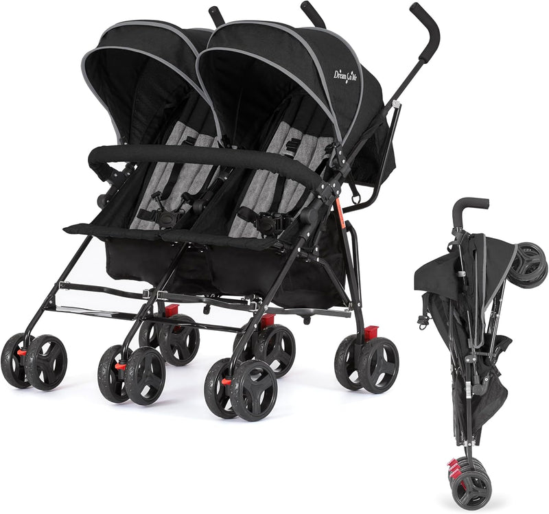 Twin Umbrella Stroller in Black, Lightweight Double Stroller for Infant & Toddler, Compact Easy Fold, Large Storage Basket, Large and Adjustable Canopy X5