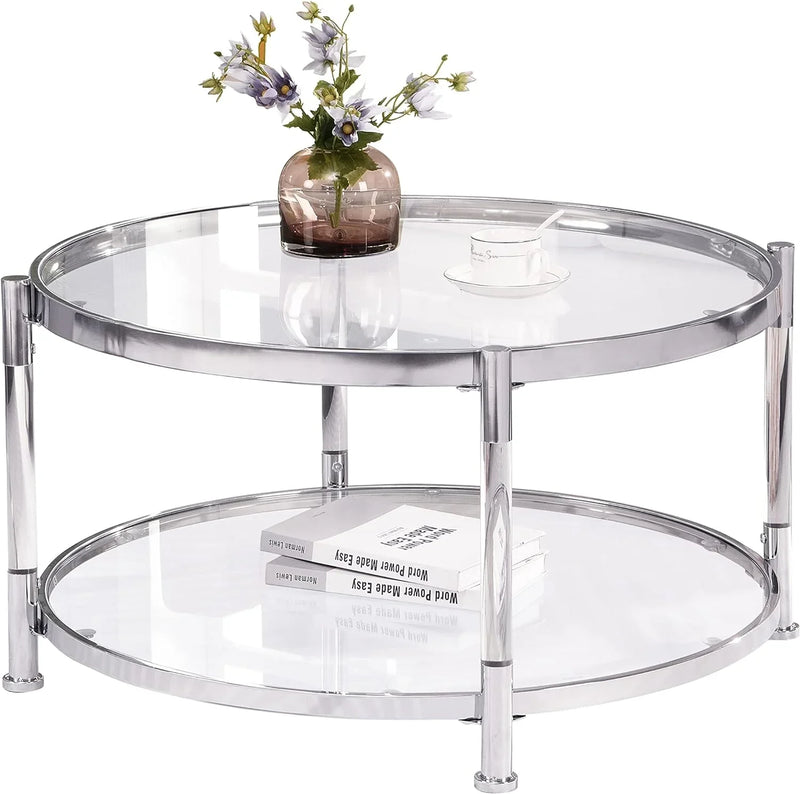 A round coffee table with a metal frame, the surface is made of chrome-plated acrylic glass. Y7