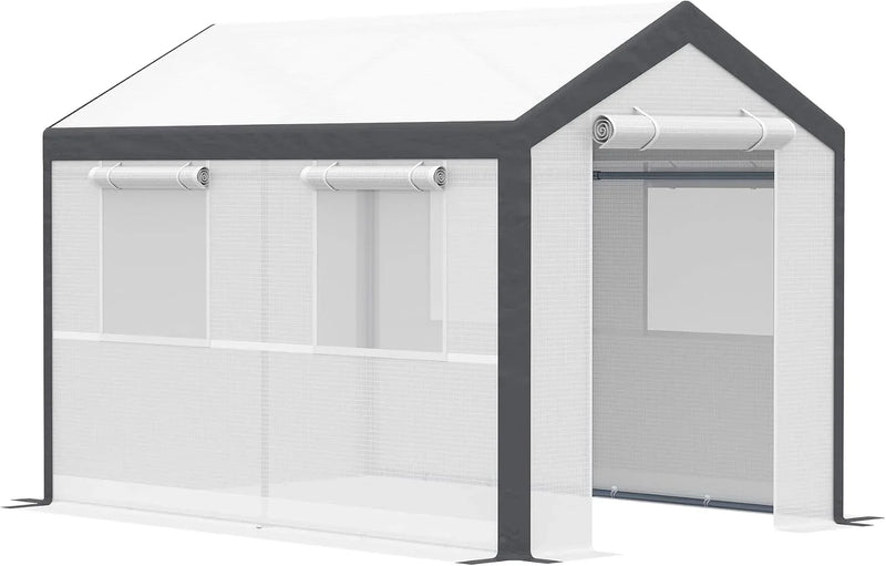 A 20-foot x 10-foot x 9-foot walk-in green house with an outdoor garden greenhouse, equipped with 6 roll-up windows, 2 zipper doors and a rain cover, in white color. Y2
